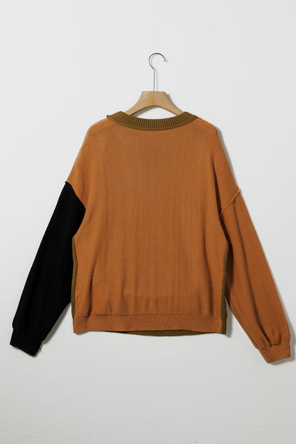 Brown Colorblock Bishop Sleeve Exposed Seam Ribbed Trim Sweater