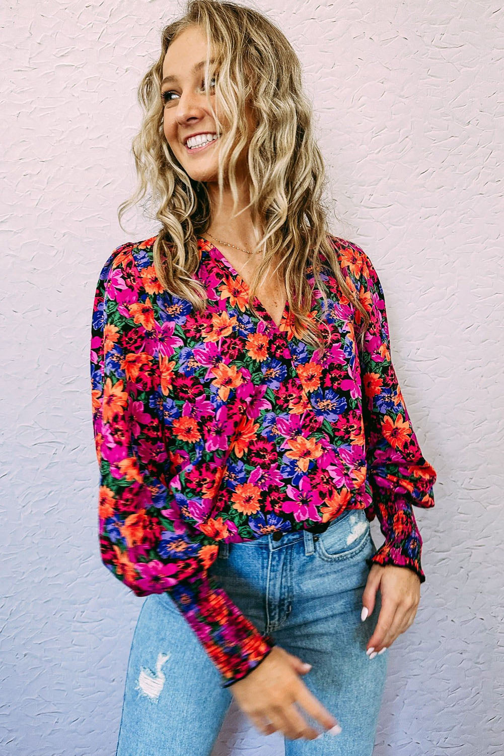 Red Floral Print Wrap V Neck Long Sleeve Bodysuit