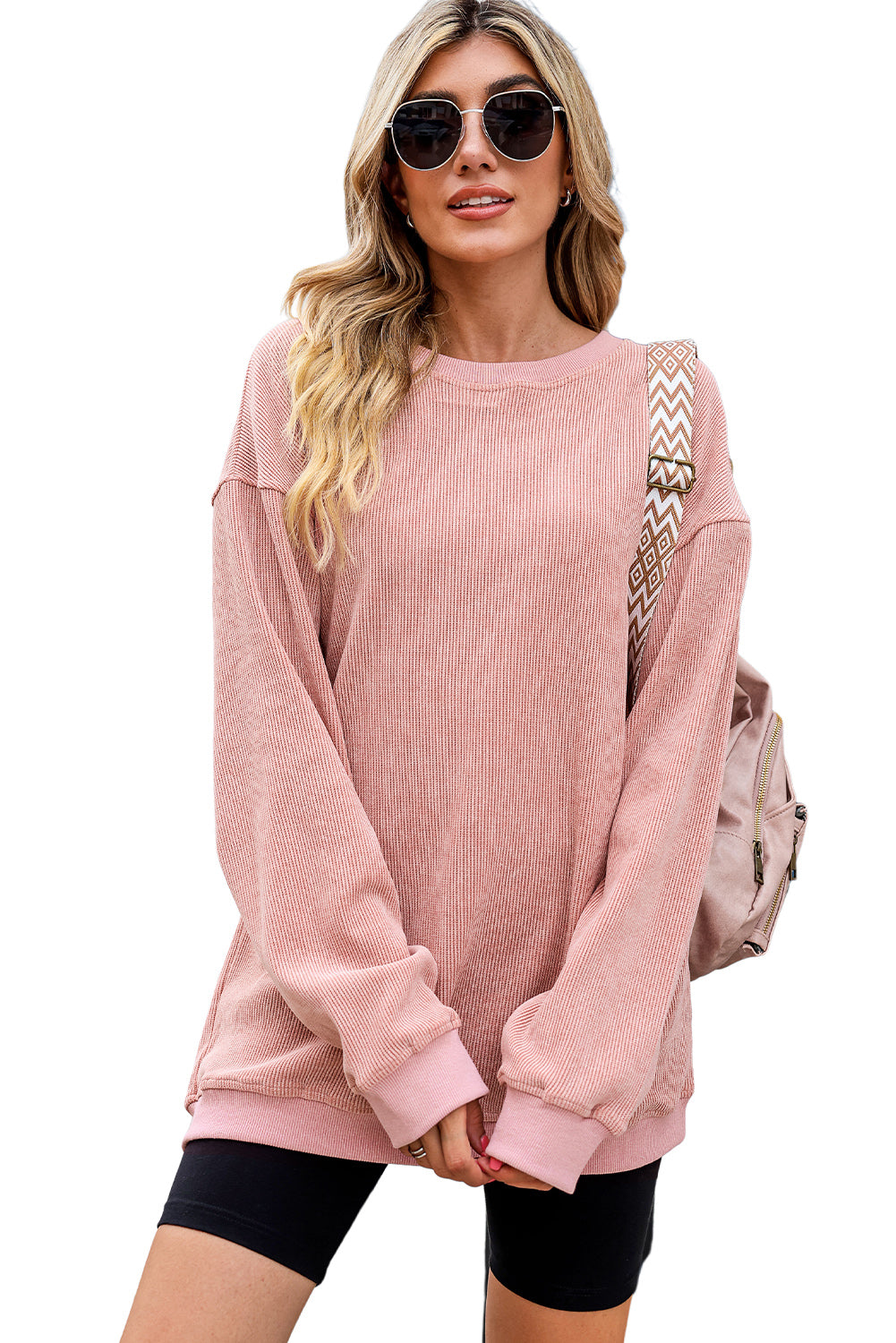 Green Ribbed Round Neck Drop Sleeve Pullover Sweatshirt