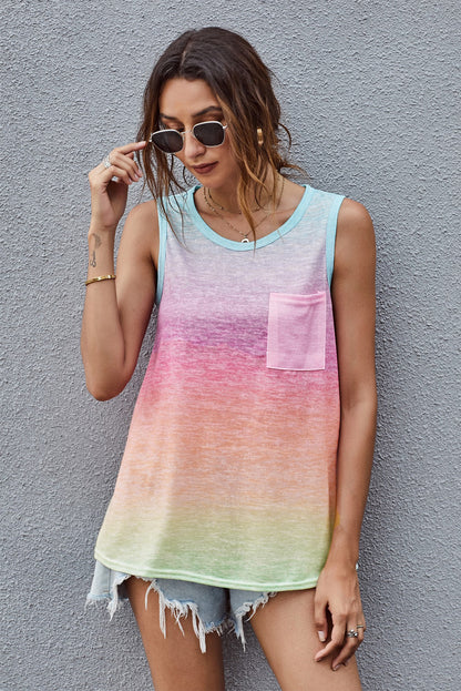 Pink & Blue Tie Dye Front Pocket Sleeveless Tank Top