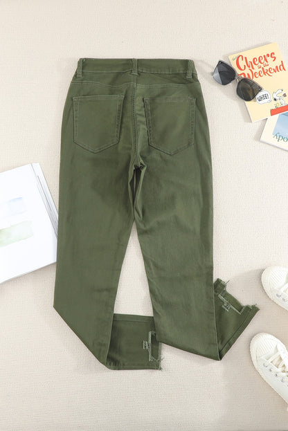 Green Frayed Raw Hem High Waist Denim Jeans