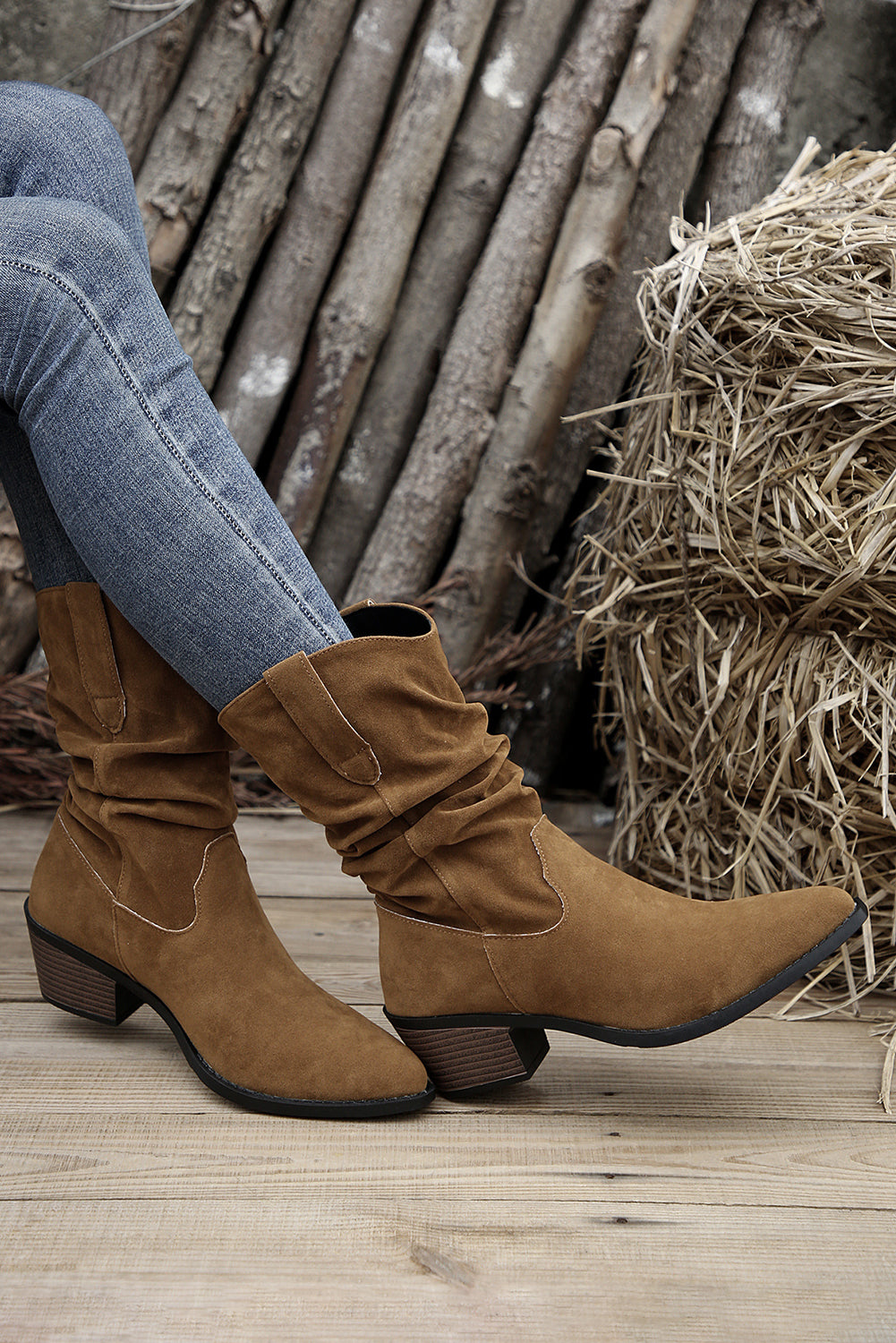 Chestnut Thick Heeled Scrunch Suede Pointed Toe Boots