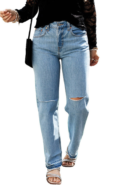 Light Blue Distressed Raw Edge Straight Jeans