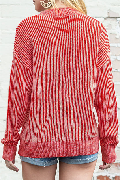 Red Casual Stripe Print Round Neck Sweater