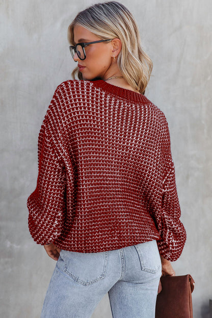 Red Heathered Knit Drop Shoulder Lantern Sleeve Sweater
