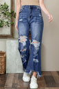 Sky Blue Heavy Destroyed Raw Hem Wide Leg Jeans