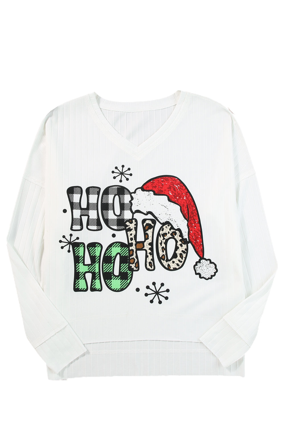 White HOHOHO Christmas Pattern Ribbed Drop Sleeve Top