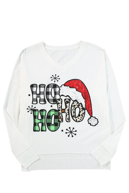 White HOHOHO Christmas Pattern Ribbed Drop Sleeve Top