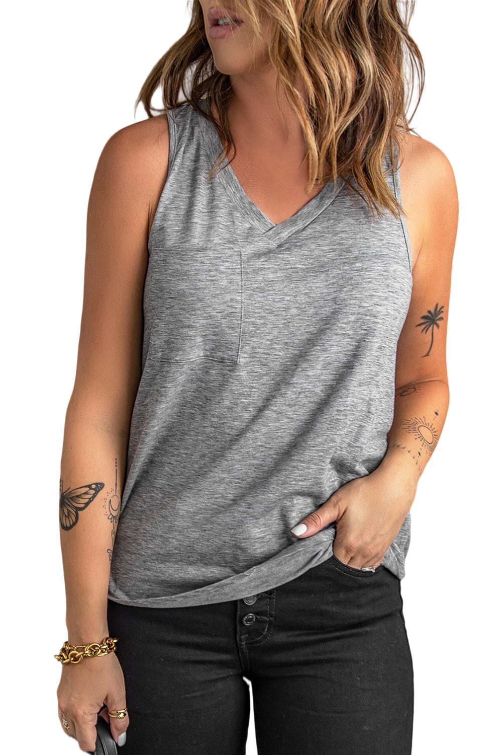 Gray Casual V Neck Racerback Tank Top With Pocket