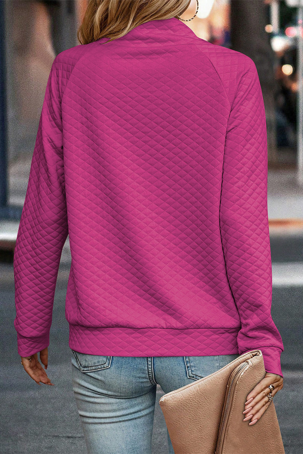 Rose Red Quilted Buttoned Neck Pullover Sweatshirt