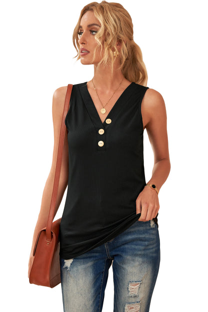 Button V Neck Casual Navy Blue Rib-Knit Tank Top for Women