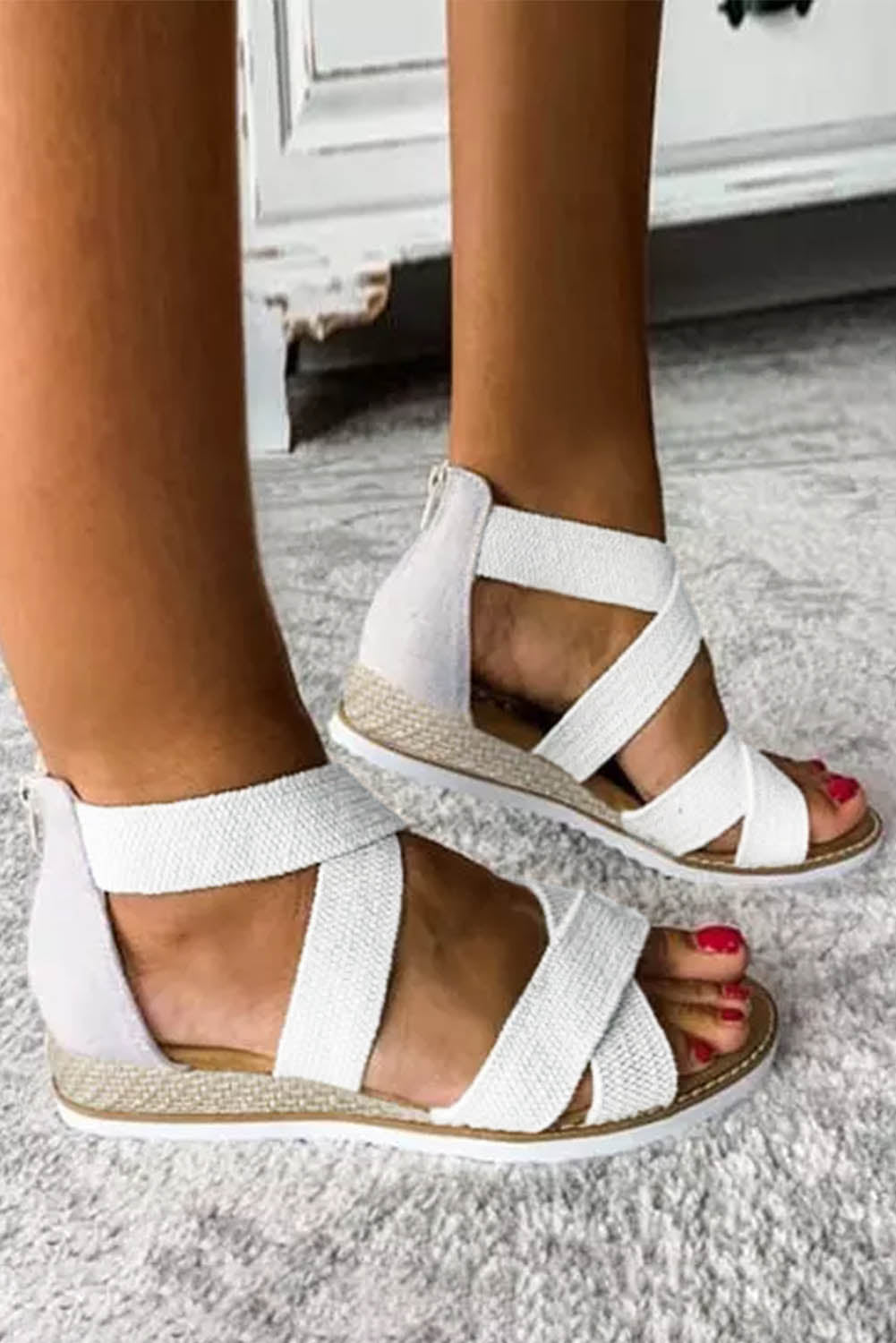 Beige Criss Cross Strappy Zipped Low Wedge Sandals