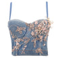 Stage Women Denim Sling Women Outer Wear Heavy Industry Iron Tree Floral Beaded Performance Wear