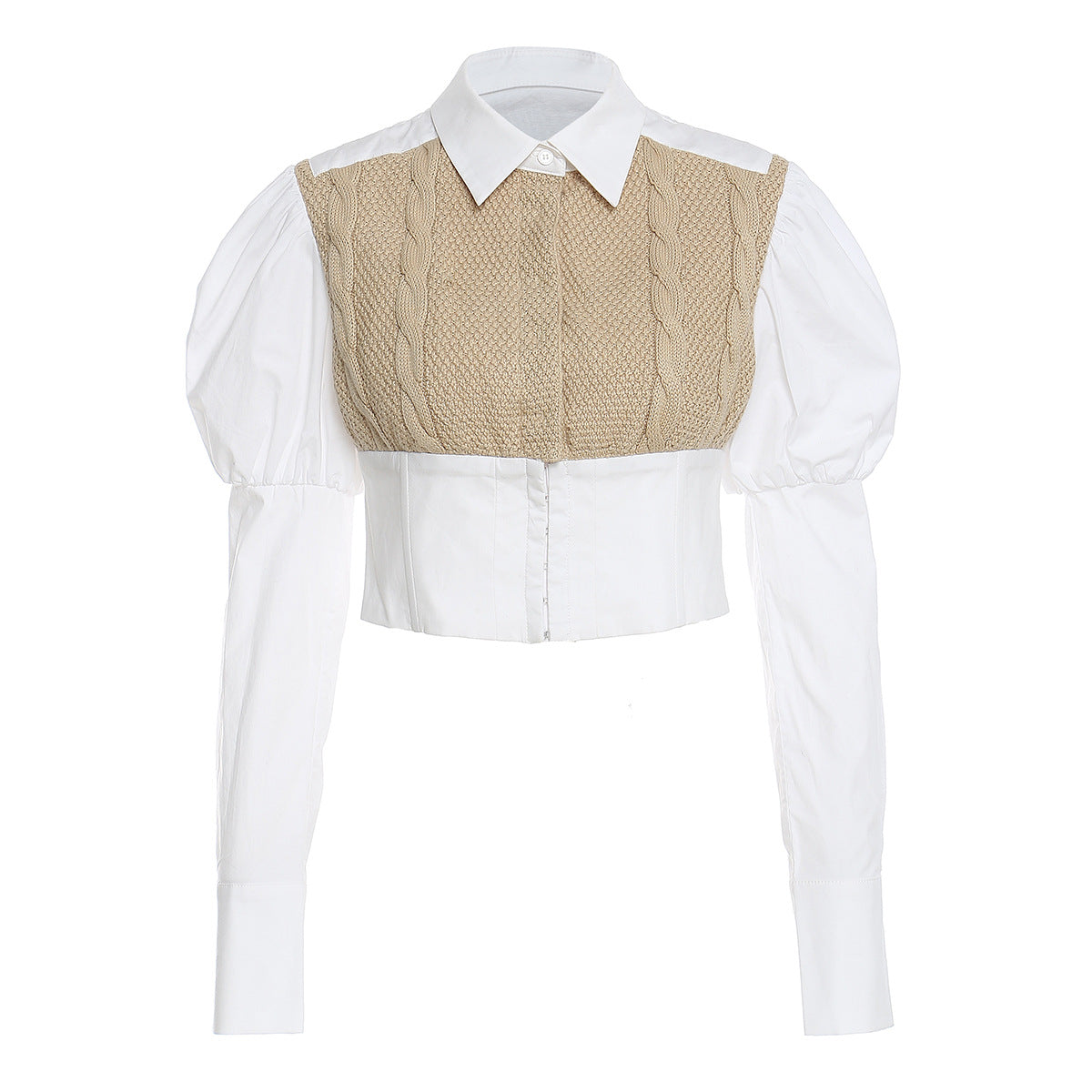 Woven Twisted Wool Stitching Cotton Shirt Puff Sleeves Shirt Shirt