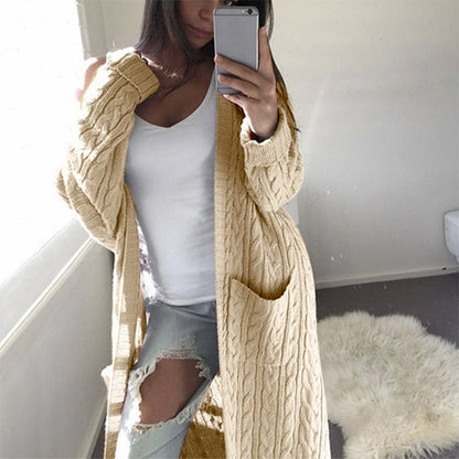 Autumn Winter Wish Knitwear Long Double Pocket Full Body Cable-Knit Sweater Cardigan