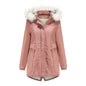 Women Cotton-Padded Clothes Fleece  Mid-Length Detachable Hat Fur Collar Winter Warm Fleece Overcoat Woman Plus Size