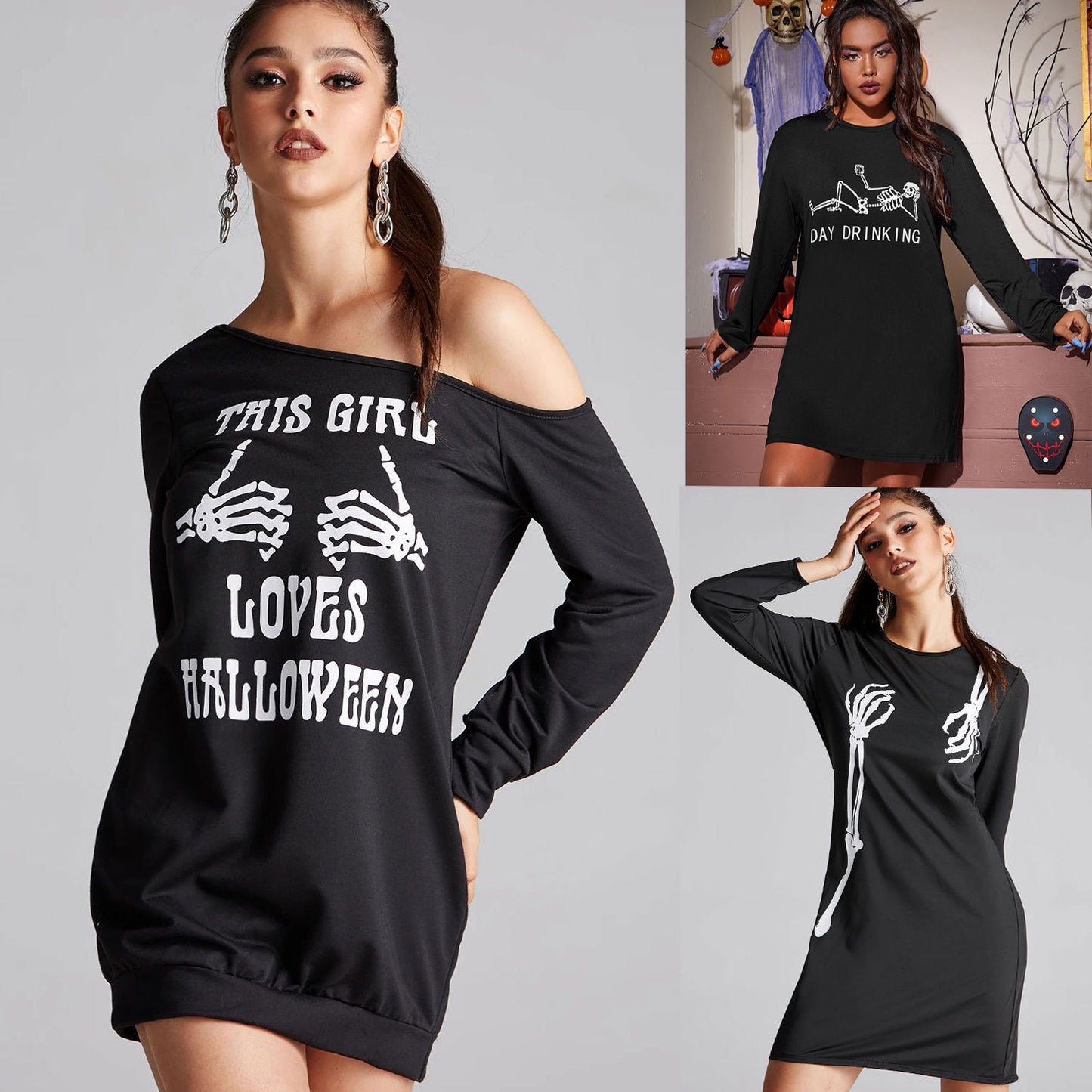 Fall Women Clothing Long Sleeve Skull Print Halloween Cos Dress