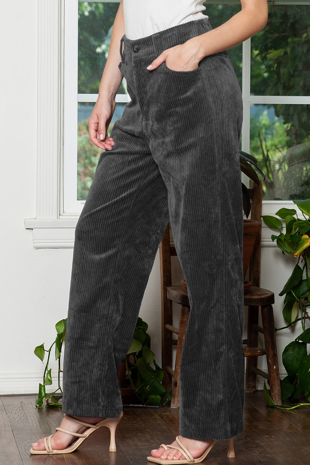 Grey Corduroy High Waisted Wide Leg Pants for Women