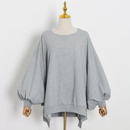 Spring Korean round Neck Bat Lantern Sleeve Cape Long Velvet Lining Hem Irregular Asymmetric Hoodie