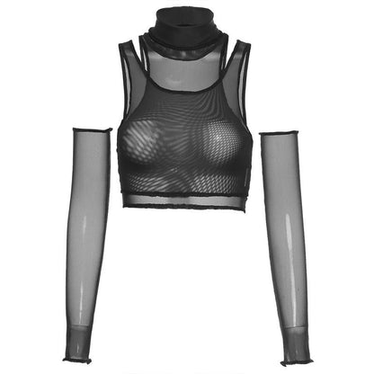 Fall Women Wear High Neck cropped Mesh See-through Slim Fit Slimming All-Match Bottoming T-shirt Opera Glove