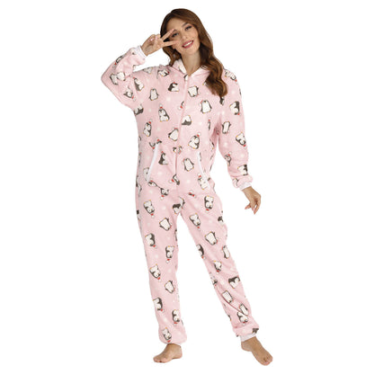 Women  Flannel Christmas Animal Print Jumpsuit Pajamas Homewear