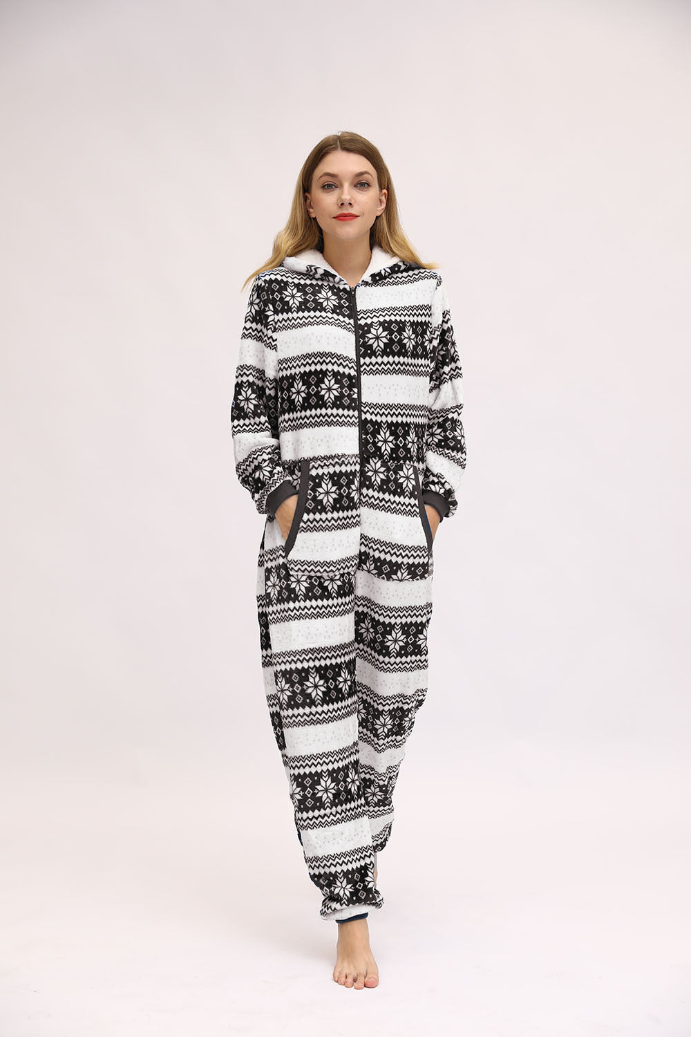 Women Christmas Festival Deer Snowflake Flannel Jumpsuit Pajamas Home Wear
