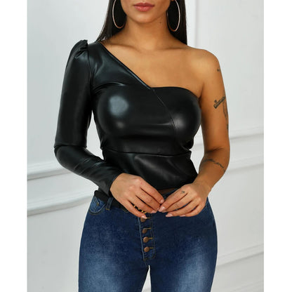 Spring/Summer One-Shoulder Faux Leather Top Women Clothing Irregular Asymmetric Diagonal Collar Short Cropped Outfit tagram T-shirt