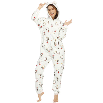 Women  Flannel Christmas Animal Print Jumpsuit Pajamas Homewear