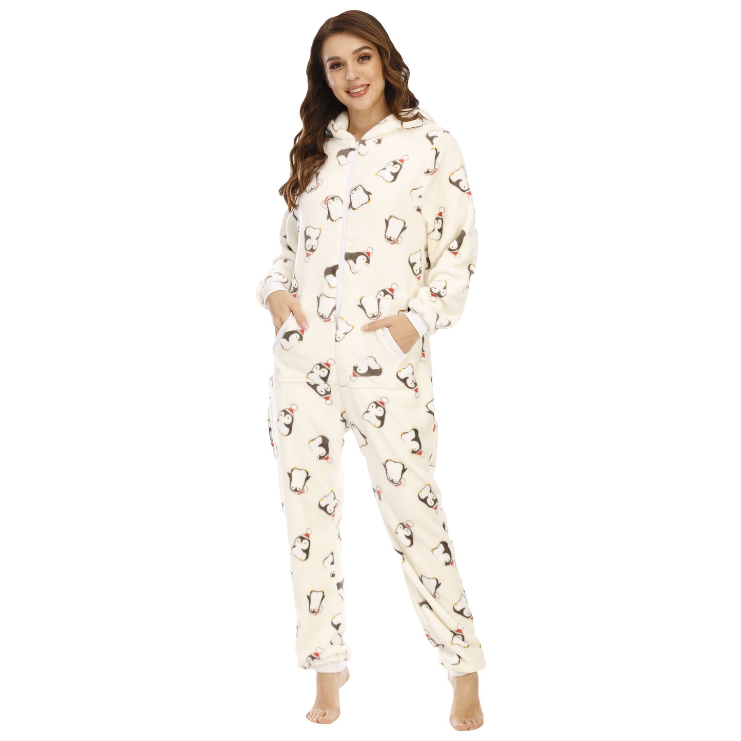 Women  Flannel Christmas Animal Print Jumpsuit Pajamas Homewear