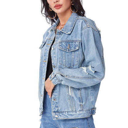 Wish Denim Jacket Women, Blue Ripped Short Denim Coat Women Clothing