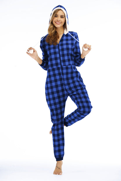 Popular Women  Cotton Plaid Hooded Jumpsuit Home Wear Pajamas