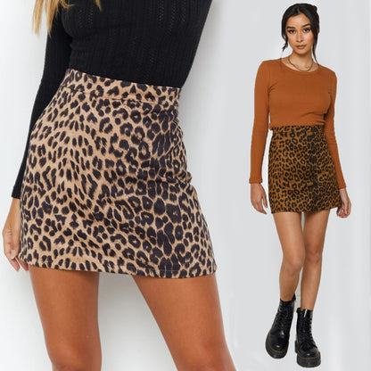 Women Suede Hip Skirt Sexy Leopard Print High Waist Zipper Autumn Winter A- line Skirt Women