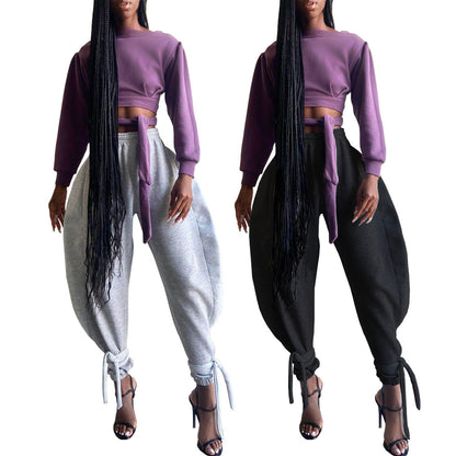 Women Clothing Sexy Nightclub Solid Color Lace-up Ankle-Tied Wide Leg Casual Sports Pants