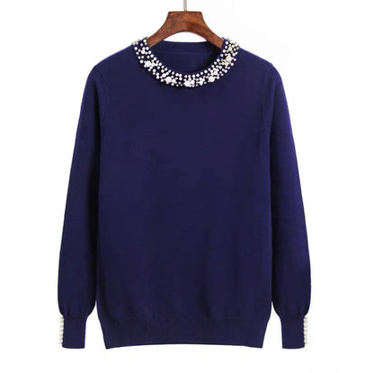 Autumn Winter Beaded Pullover  Women round Neck Long Sleeve  Loose Slimming Elegant Bottoming  Women Sweater