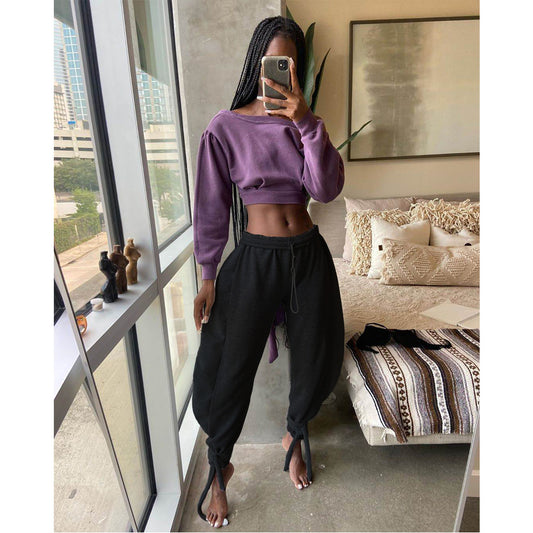 Women Clothing Sexy Nightclub Solid Color Lace-up Ankle-Tied Wide Leg Casual Sports Pants