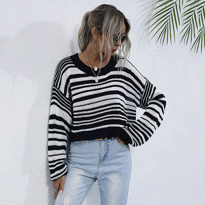 Autumn Winter Round Neck Knitwear Short Striped Contrast Color Sweater Women Pullover Top