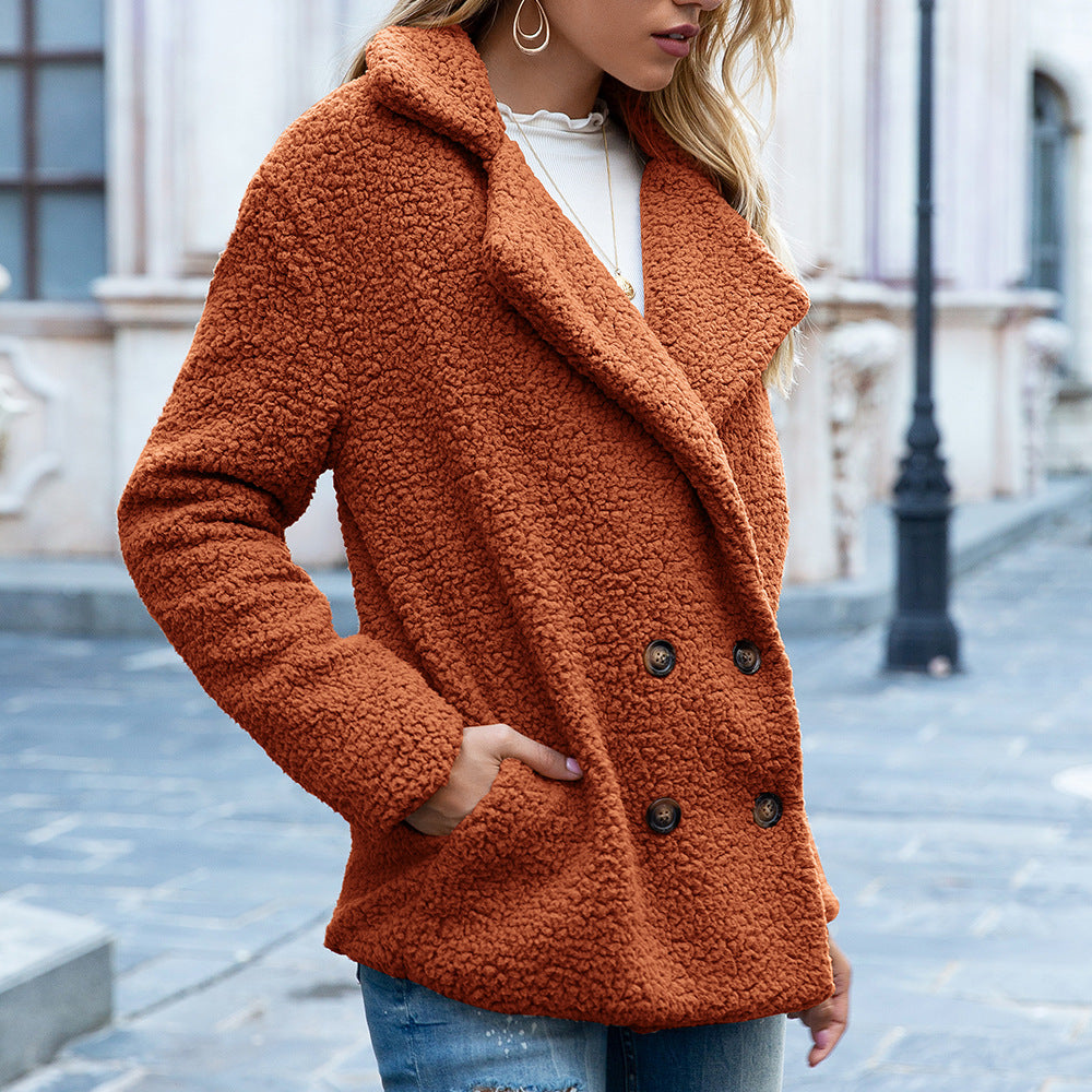 Autumn Winter Button Collared Loose Fleece Shirt Cashmere Wool Coat Women Outerwear