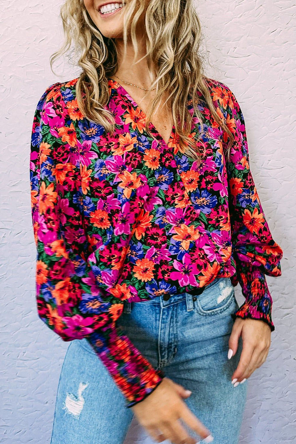 Red Floral Print Wrap V Neck Long Sleeve Bodysuit