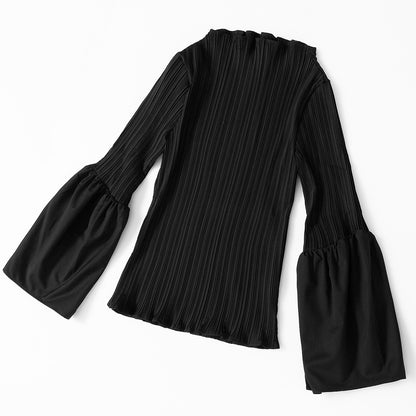 Autumn Catwalk Pleated Slim Fit Flared Sleeves Flab Hiding Slim Fit Slimming Half Collar Top Women