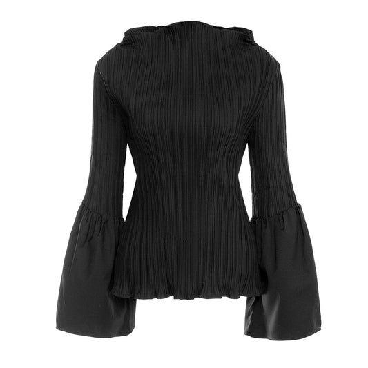 Autumn Catwalk Pleated Slim Fit Flared Sleeves Flab Hiding Slim Fit Slimming Half Collar Top Women