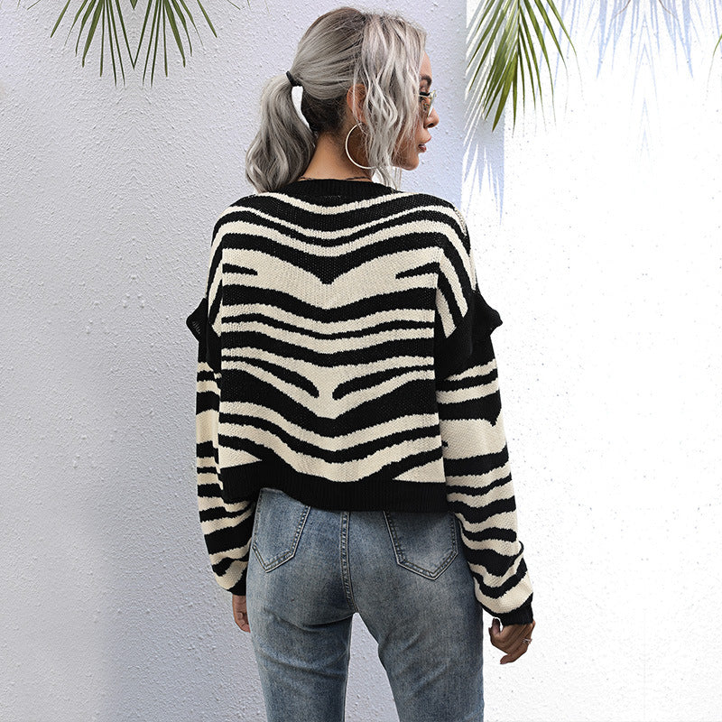 Autumn Idle Zebra Pattern Cardigan Knitted Sweater Short Coat Women