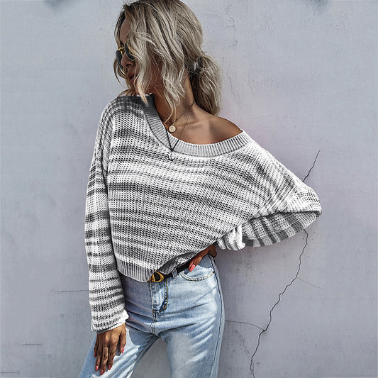 Autumn Winter Round Neck Knitwear Short Striped Contrast Color Sweater Women Pullover Top