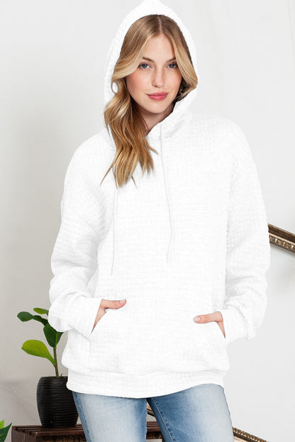 White Lattice Textured Kangaroo Pocket Drawstring Hoodie