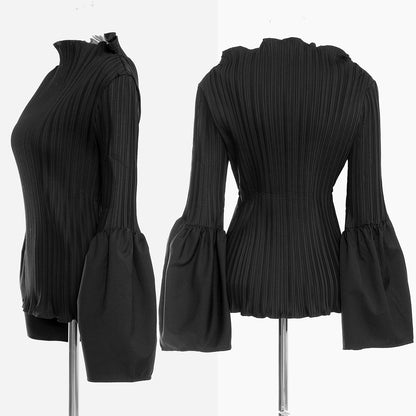 Autumn Catwalk Pleated Slim Fit Flared Sleeves Flab Hiding Slim Fit Slimming Half Collar Top Women