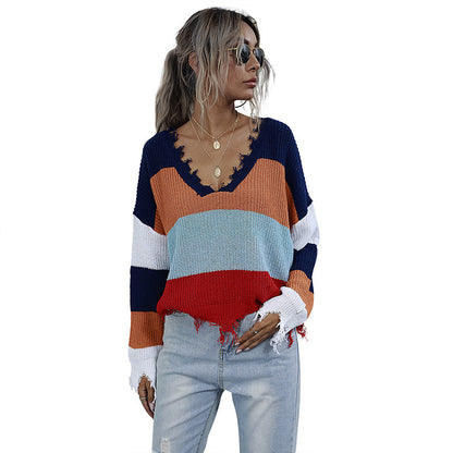 Fall Women Clothing Top V Neck Pullover Sweater Europe Striped Stitching Sweater