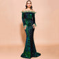 Sequined Evening Dress Women Sexy off Shoulder Feather Long Sleeve Party Maxi Dress