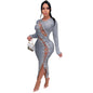 Ladies Winter Maxi Dress Sexy Slim Fit Tied Hollow Out Cutout out High Elastic Sunken Stripe Dress