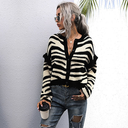 Autumn Idle Zebra Pattern Cardigan Knitted Sweater Short Coat Women