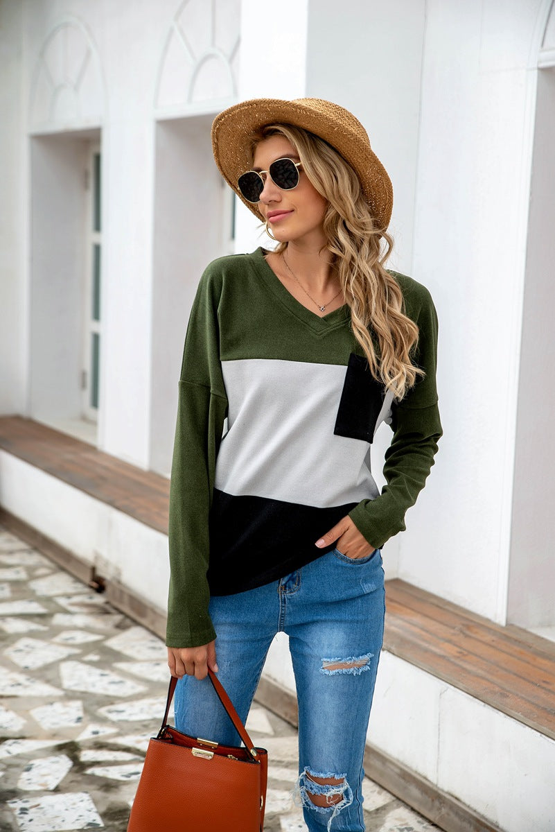 Eaby V neck Long Sleeve Stitching Three Color Brushed Hoody Striped Top Women