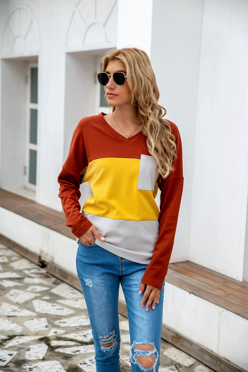 Eaby V neck Long Sleeve Stitching Three Color Brushed Hoody Striped Top Women